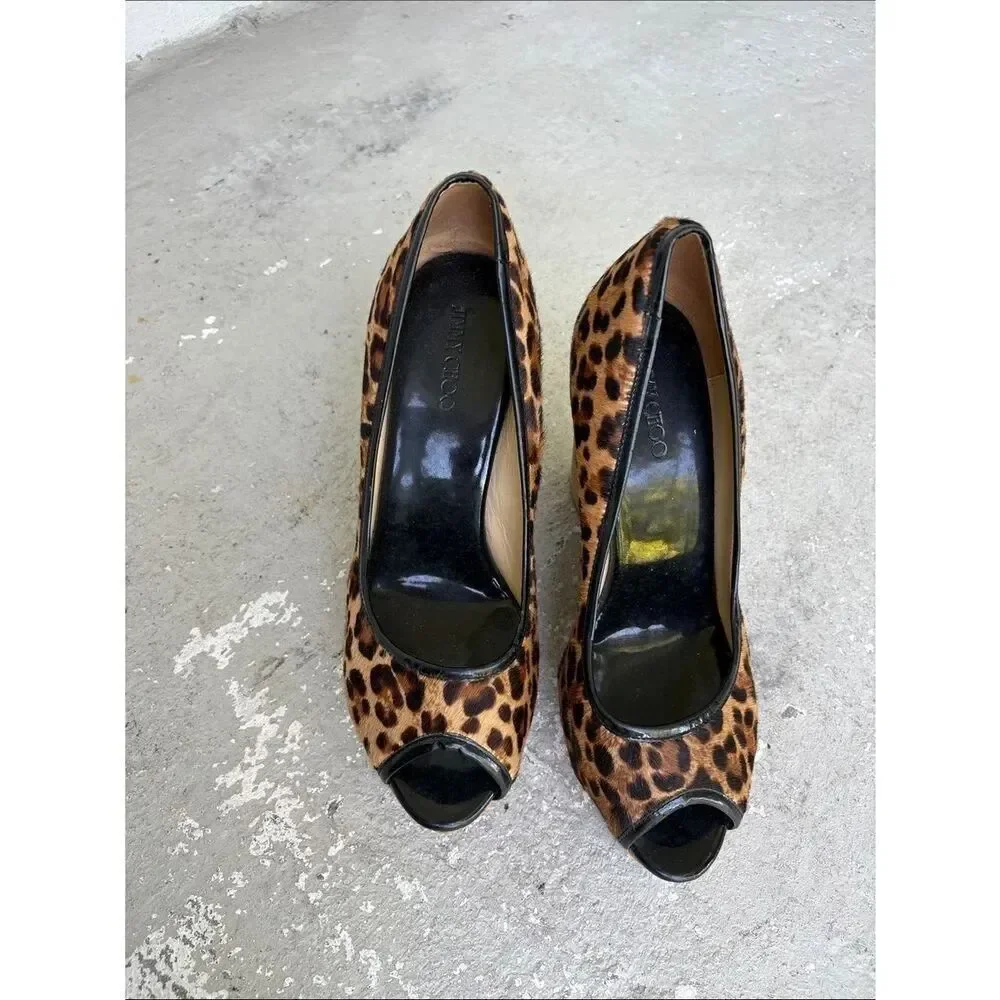 Jimmy Choo pony hair leopard print peep toe platforms